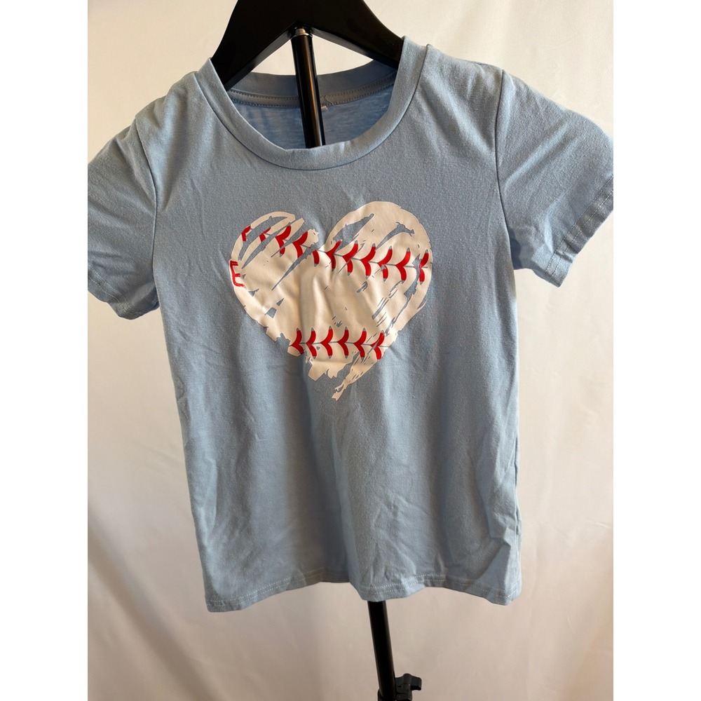 Kids Light Blue Baseball Heart Graphic T-Shirt Short Sleeve Sporty Top